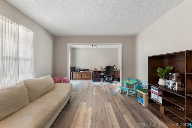 living room featuring wood-type flooring and a textured ceiling