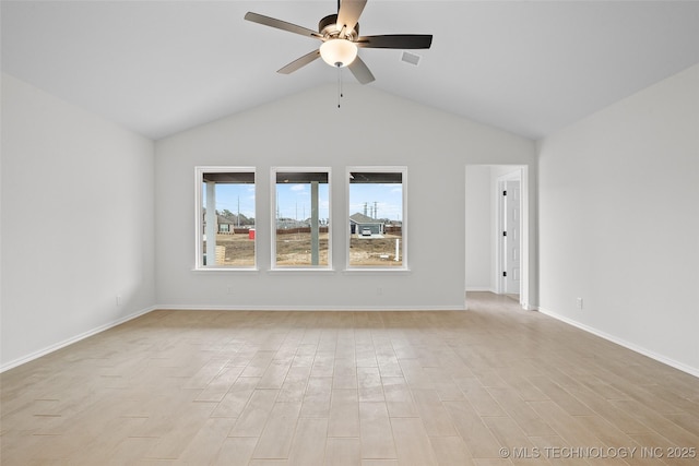 unfurnished living room with ceiling fan, light hardwood / wood-style floors, and vaulted ceiling