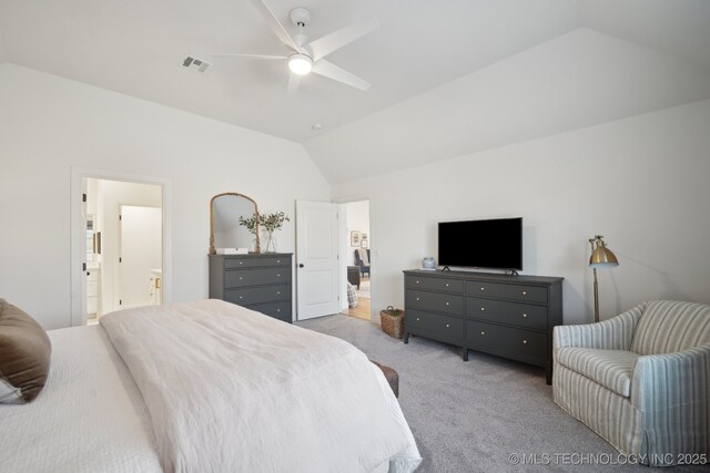 carpeted bedroom with ceiling fan and lofted ceiling