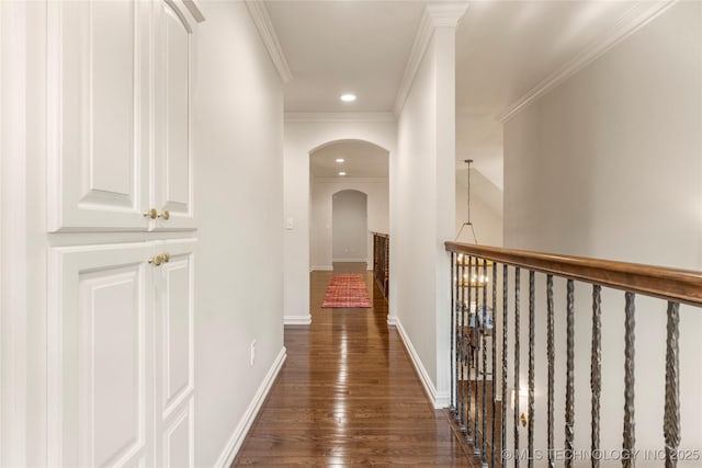 hallway with crown molding and dark wood-type flooring