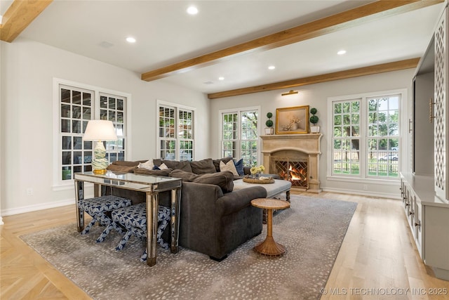 living room featuring beam ceiling and a healthy amount of sunlight