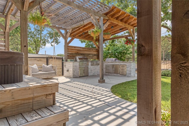 view of patio / terrace featuring an outdoor kitchen, a pergola, and grilling area