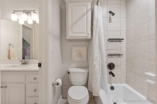 full bathroom with vanity, toilet, and shower / bath combo with shower curtain