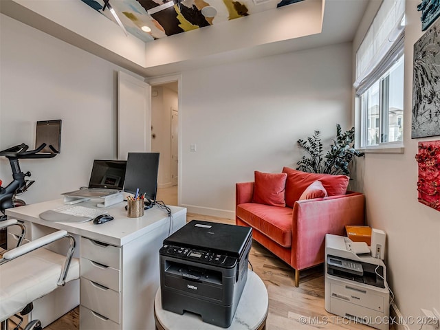 office space featuring a tray ceiling and light hardwood / wood-style flooring