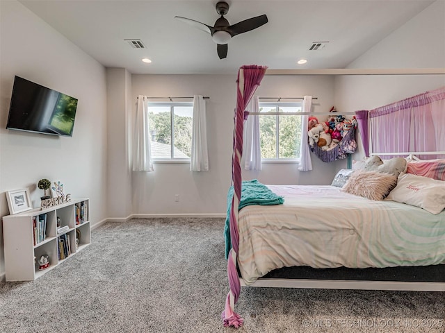 bedroom featuring carpet flooring and ceiling fan