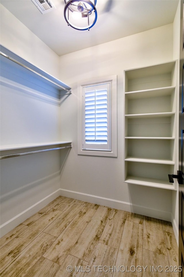 spacious closet with light hardwood / wood-style flooring