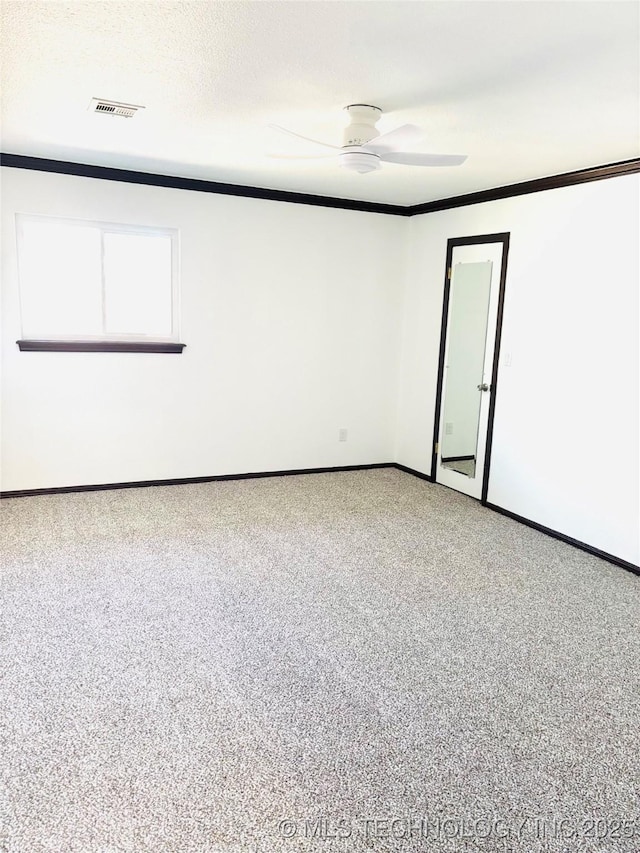 carpeted empty room featuring ceiling fan, ornamental molding, and a textured ceiling