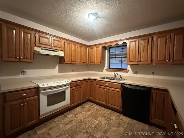 kitchen with dishwasher, a textured ceiling, electric range, and sink