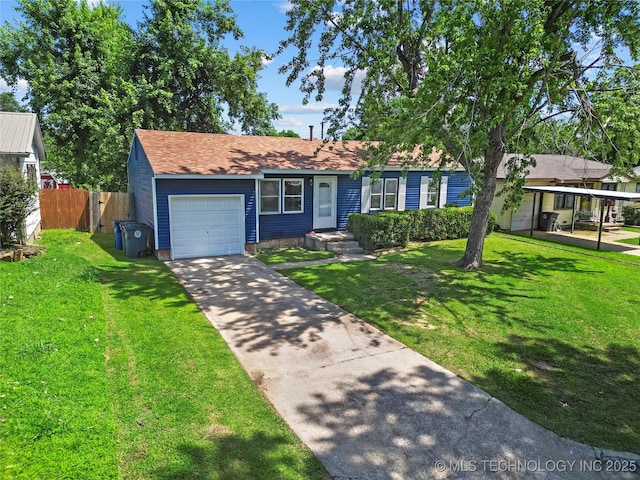 ranch-style house with a garage and a front lawn