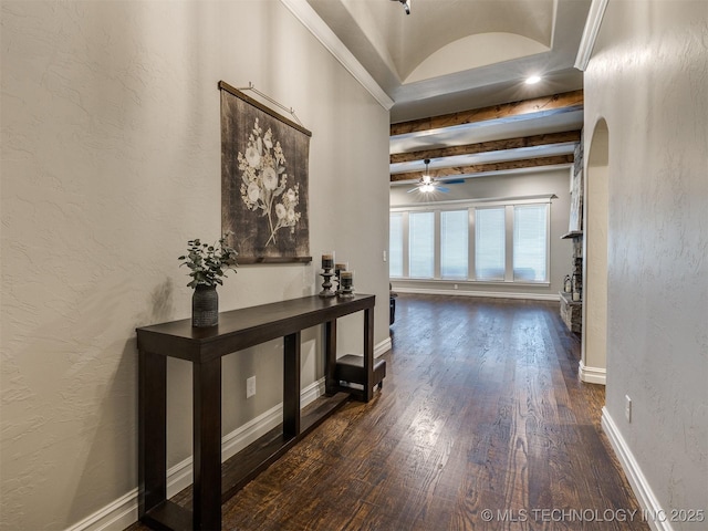 hall with ornamental molding, dark hardwood / wood-style floors, and beamed ceiling