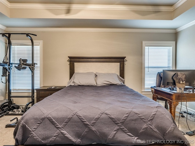 bedroom featuring crown molding, a tray ceiling, and carpet floors