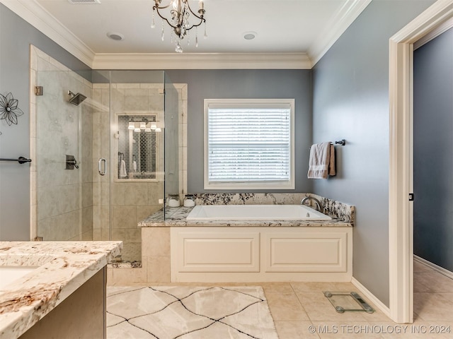 bathroom featuring an inviting chandelier, tile patterned floors, ornamental molding, and plus walk in shower