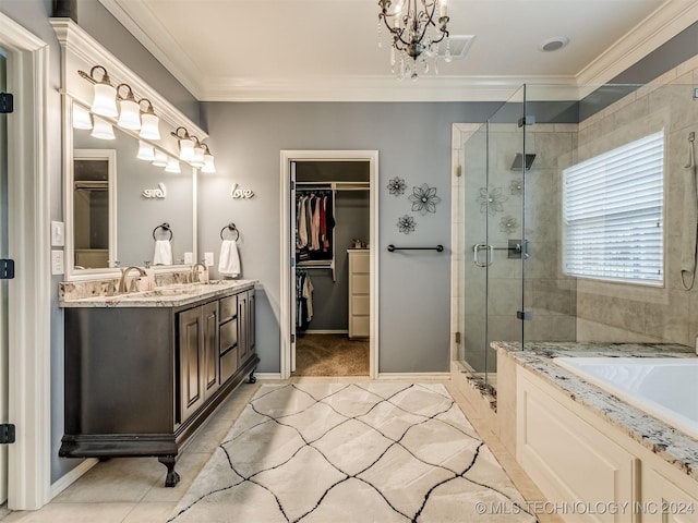 bathroom featuring a chandelier, crown molding, separate shower and tub, and vanity