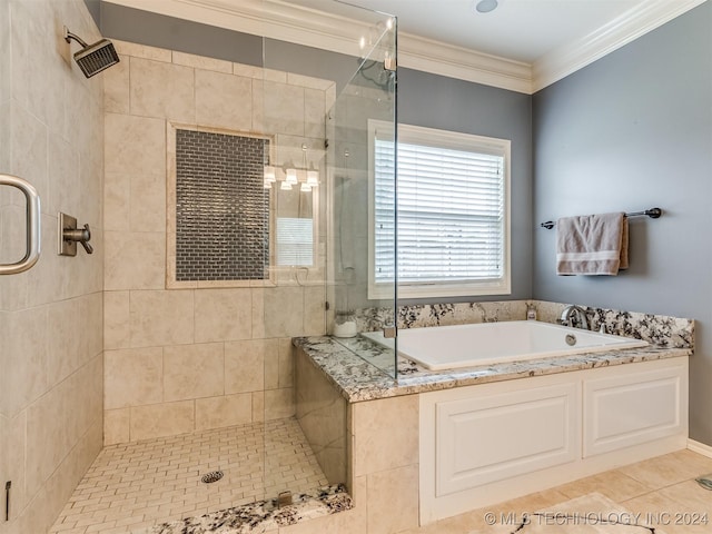 bathroom featuring tile patterned flooring, ornamental molding, and separate shower and tub