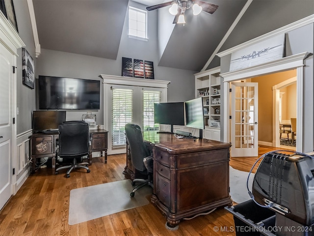 office with ceiling fan, wood-type flooring, and french doors