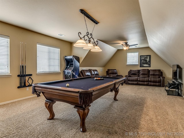 rec room featuring carpet floors, billiards, lofted ceiling, and ceiling fan