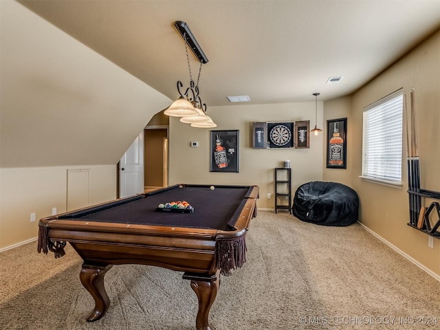 rec room featuring carpet floors, billiards, and vaulted ceiling