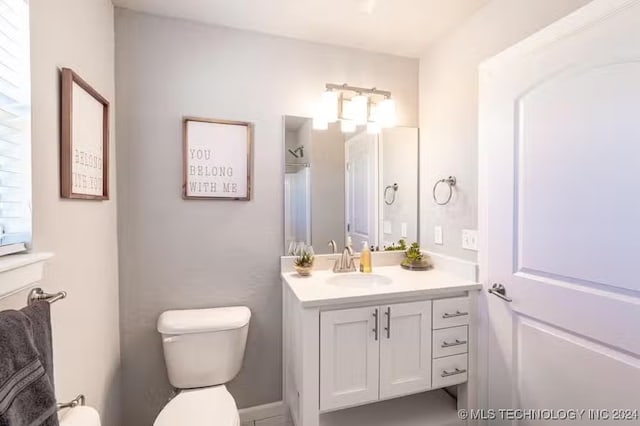 bathroom with vanity, toilet, and walk in shower