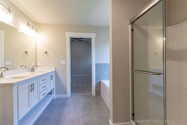 bathroom featuring tile patterned floors, ceiling fan, vanity, and independent shower and bath