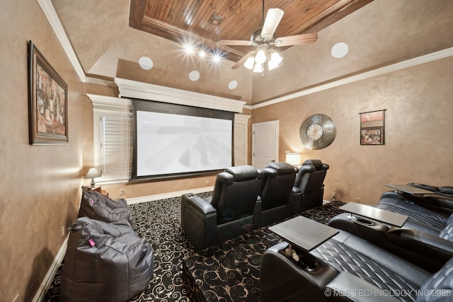 cinema room featuring wood ceiling, vaulted ceiling, a ceiling fan, and crown molding