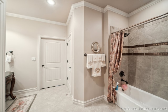 full bath featuring crown molding, baseboards, tile patterned flooring, and shower / tub combo with curtain