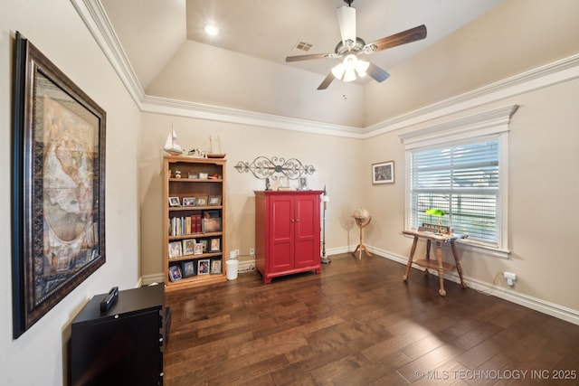 interior space with dark wood-style flooring, visible vents, vaulted ceiling, ceiling fan, and baseboards