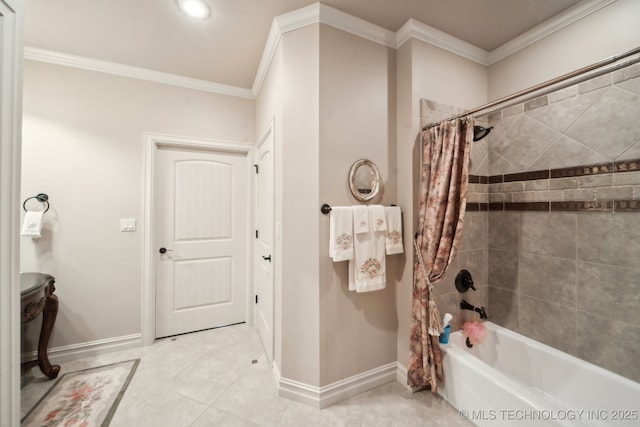 full bathroom with shower / bath combo, ornamental molding, tile patterned flooring, and baseboards
