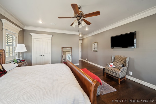 bedroom with recessed lighting, ornamental molding, ceiling fan, wood finished floors, and baseboards