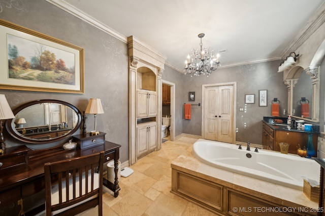 full bath with stone tile floors, decorative columns, toilet, crown molding, and a bath