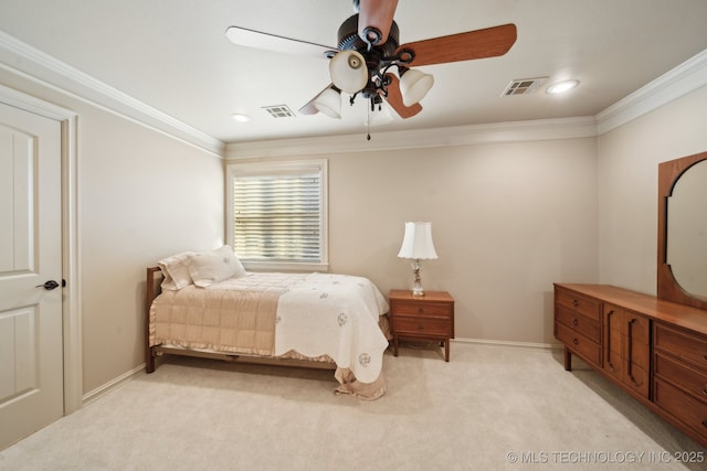 bedroom featuring ornamental molding, light colored carpet, and baseboards