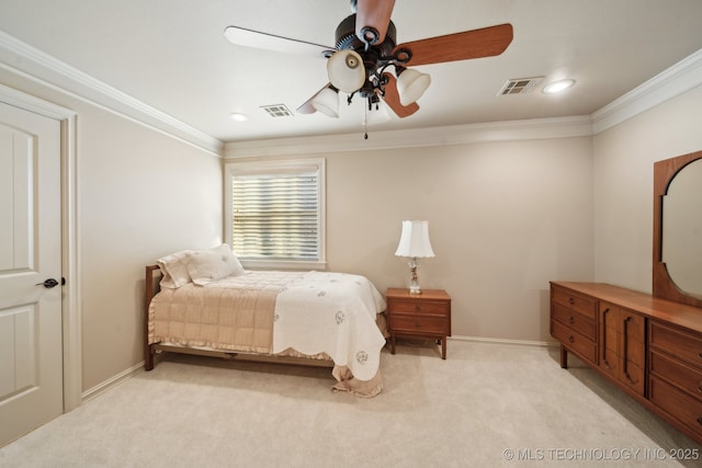 carpeted bedroom featuring ornamental molding, visible vents, ceiling fan, and baseboards