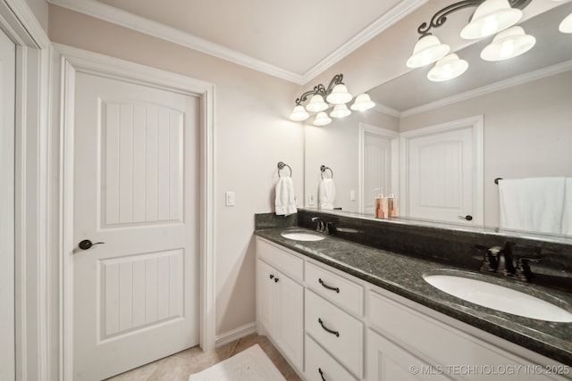 full bathroom with crown molding, tile patterned flooring, double vanity, and a sink
