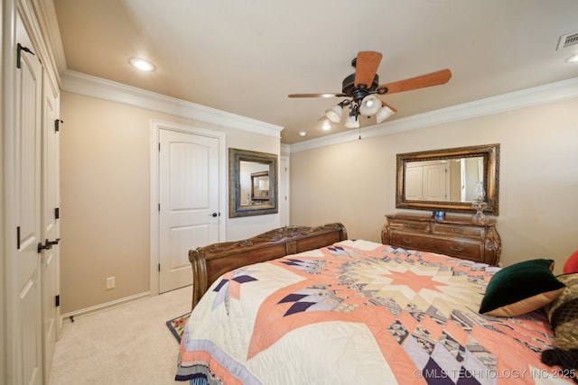 bedroom with recessed lighting, a closet, baseboards, ornamental molding, and light colored carpet