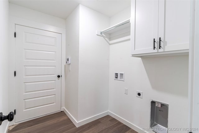 laundry room featuring cabinets, washer hookup, dark wood-type flooring, and electric dryer hookup