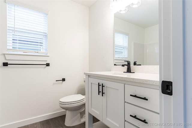 bathroom with vanity, hardwood / wood-style flooring, and toilet