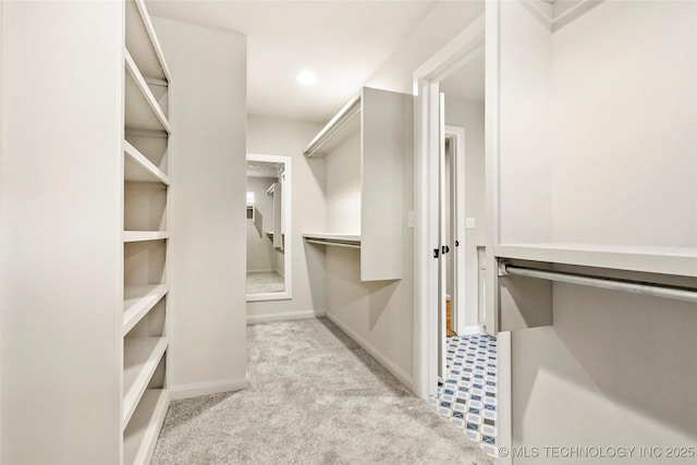 spacious closet featuring light carpet