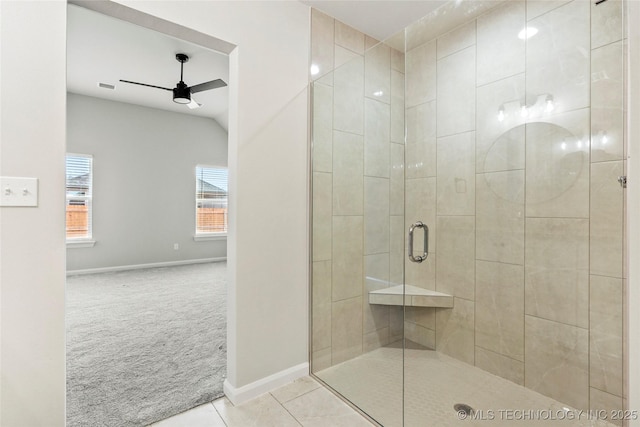 bathroom featuring walk in shower, tile patterned floors, and ceiling fan