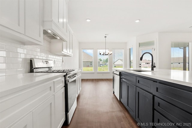 kitchen featuring white cabinetry, hanging light fixtures, stainless steel appliances, tasteful backsplash, and a notable chandelier