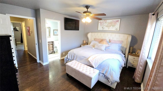 bedroom featuring ceiling fan and dark hardwood / wood-style floors