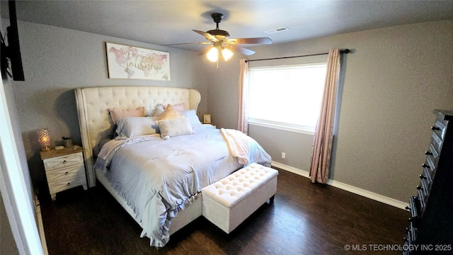 bedroom with dark wood-type flooring and ceiling fan