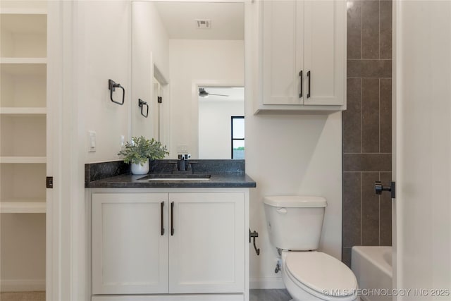 bathroom featuring vanity, toilet, and ceiling fan