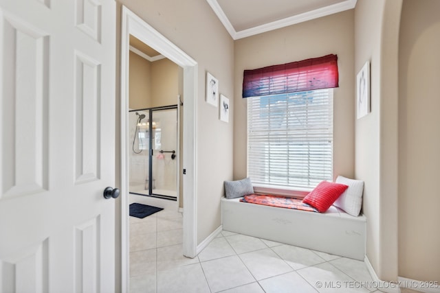 interior space featuring tile patterned floors and crown molding