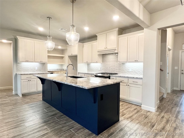 kitchen featuring light stone countertops, sink, a center island with sink, white cabinets, and stainless steel gas stove