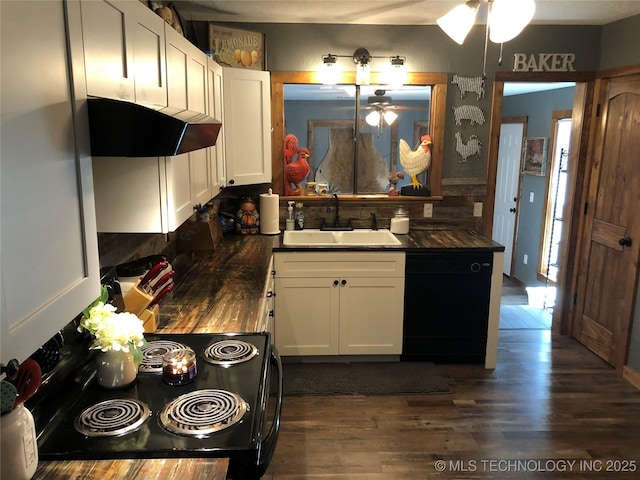 kitchen featuring ceiling fan, dark wood-type flooring, sink, black appliances, and white cabinetry