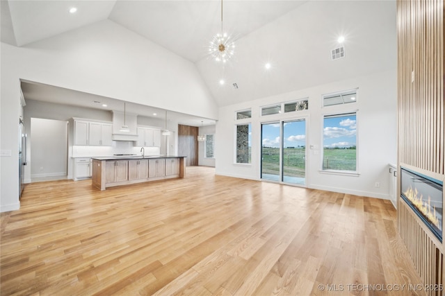 unfurnished living room with light wood finished floors, visible vents, a sink, baseboards, and high vaulted ceiling