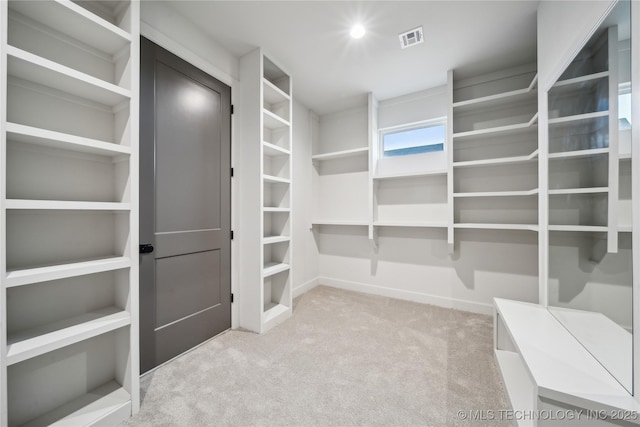 spacious closet featuring visible vents and carpet floors