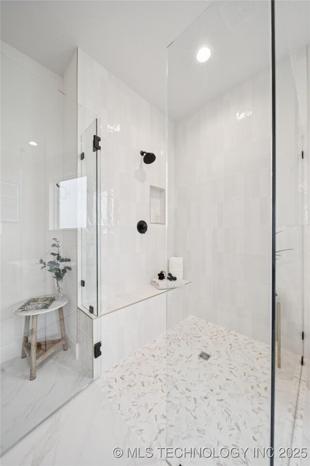 2509 E 134th Cir, Bixby, OK 74008 - full bath with tiled shower, recessed lighting, and marble finish floors