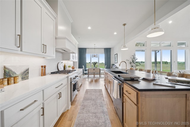 2509 E 134th Cir, Bixby, OK 74008 - kitchen featuring dishwashing machine, recessed lighting, light wood-type flooring, custom range hood, and white cabinetry