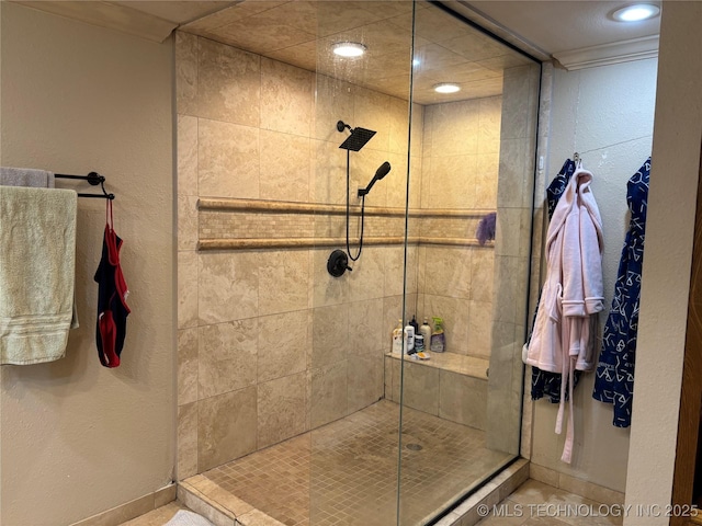 full bathroom with baseboards, walk in shower, crown molding, and recessed lighting