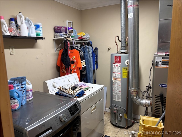 clothes washing area featuring light tile patterned floors, water heater, ornamental molding, laundry area, and independent washer and dryer